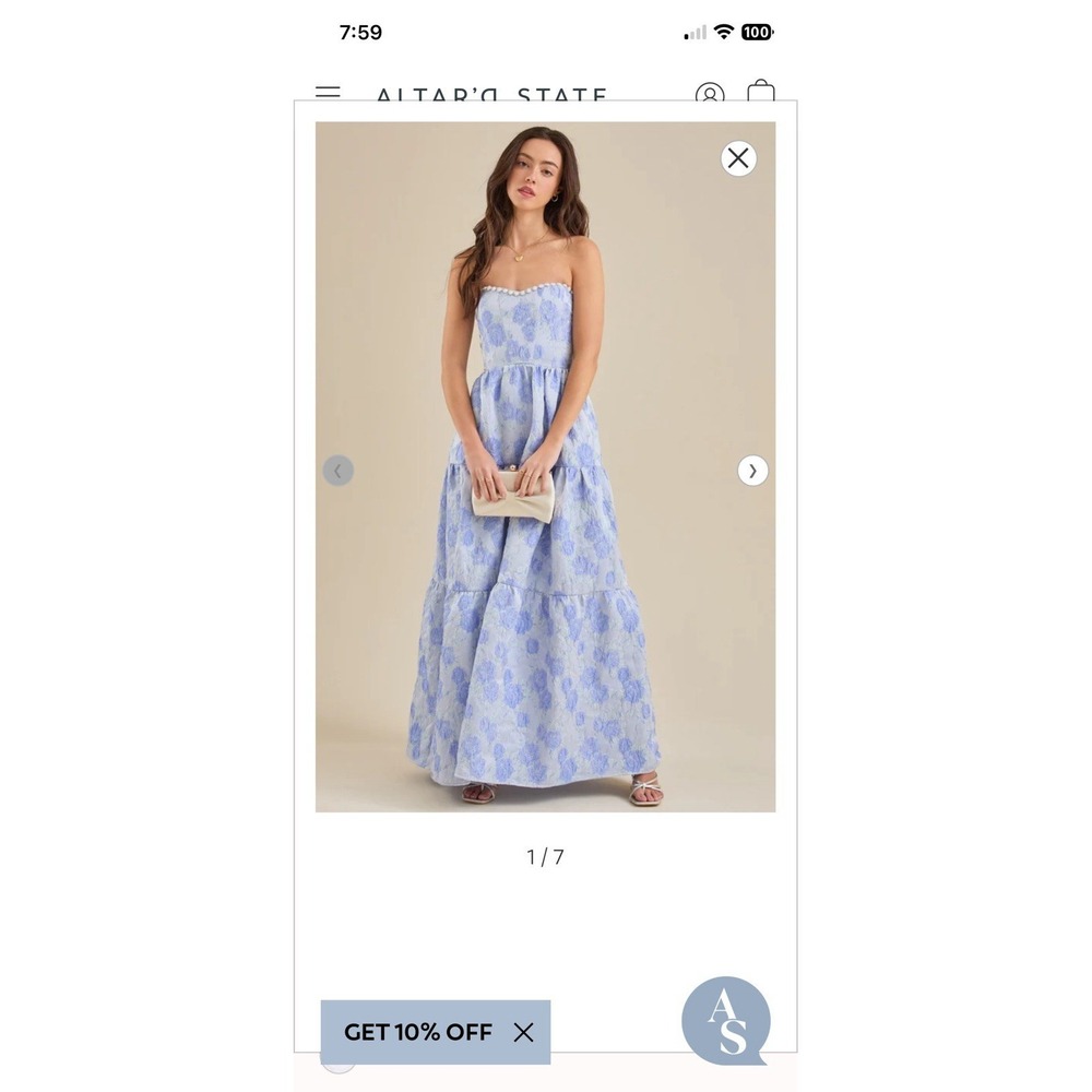 Altar'd State Jacquard Corsetβ Gown | M (6-8) Maxi Dress Blue Skye Floral